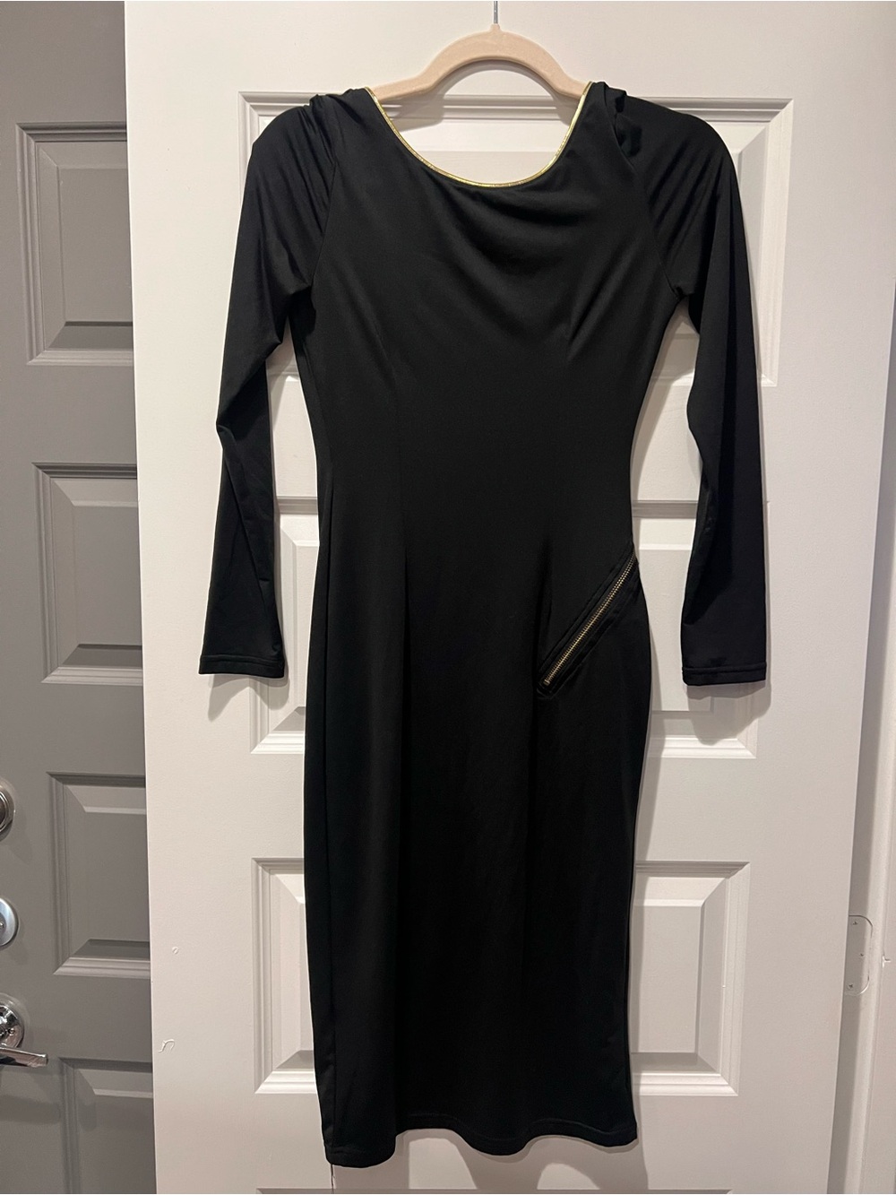 Forever 21 Black Long Sleeve Midi Dress with Gold Trim Accents